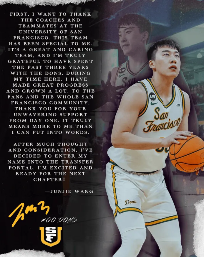 yl23455永利官网-王俊杰致谢旧金山大学：感谢旧金山大学的教练和队友们